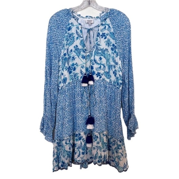 Hemant & Nandita Blue Metallic Striped Floral Tassle Bohemian Mini Dress Medium - Picture 1 of 11